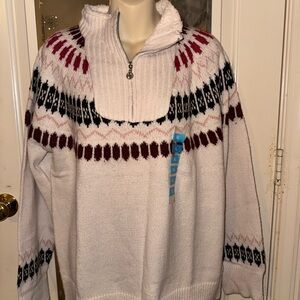 Adrienne Vitadini Classic Fit Cozy White and Red Patterned Sweater
